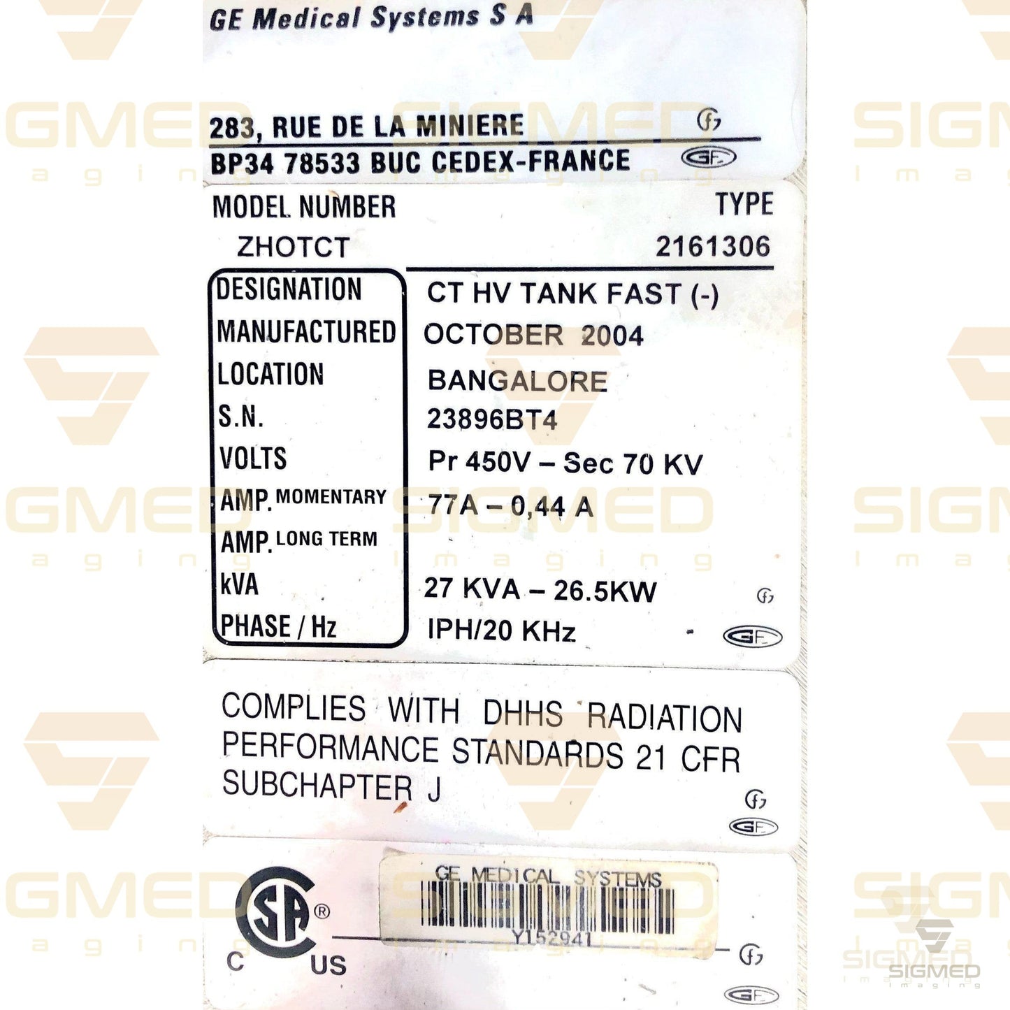 2161306 Cathode High Voltage Tank for GE CT-GE-Sigmed Imaging