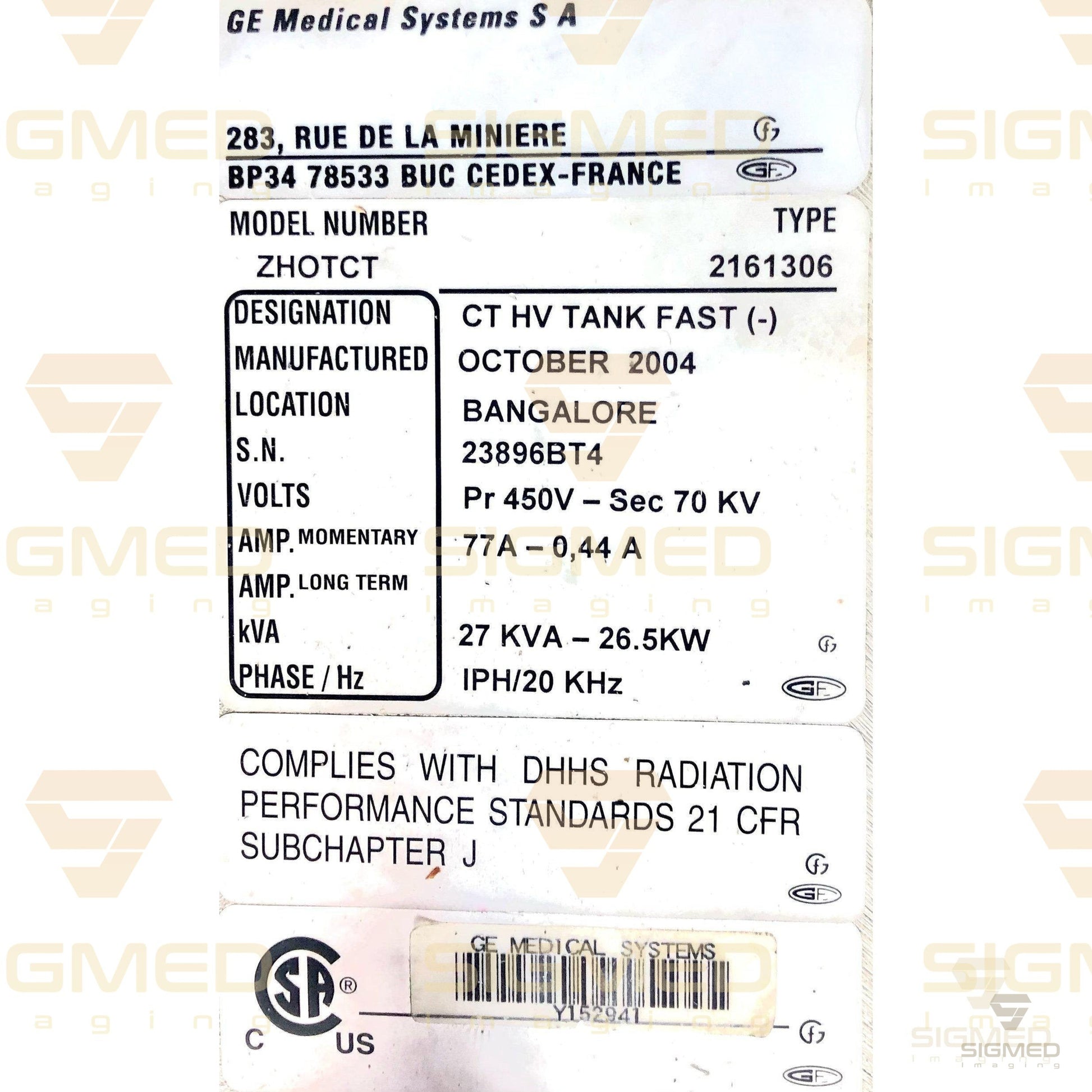 2161306 Cathode High Voltage Tank for GE CT-GE-Sigmed Imaging