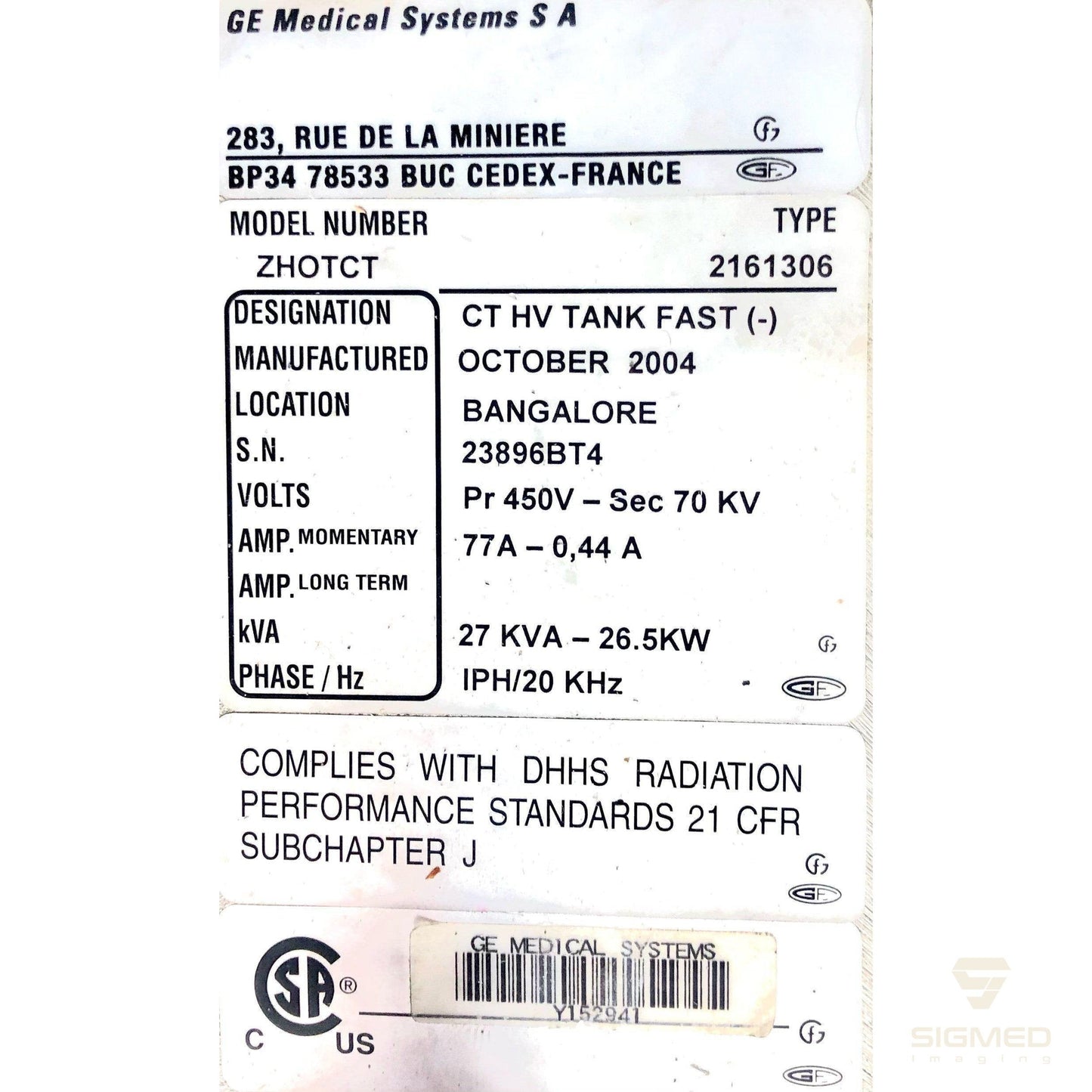 2161306 Cathode High Voltage Tank for GE CT-GE-Sigmed Imaging