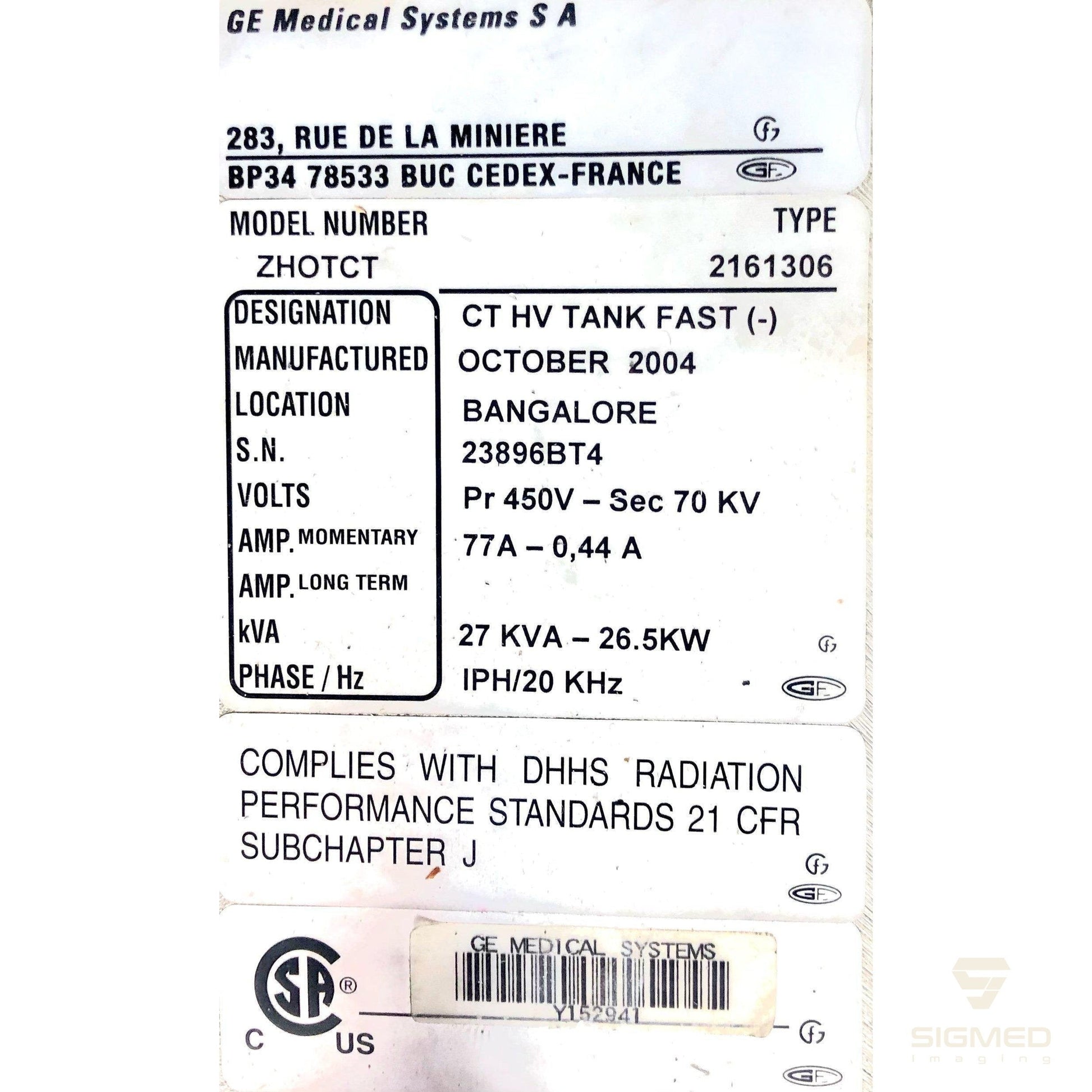 2161306 Cathode High Voltage Tank for GE CT-GE-Sigmed Imaging