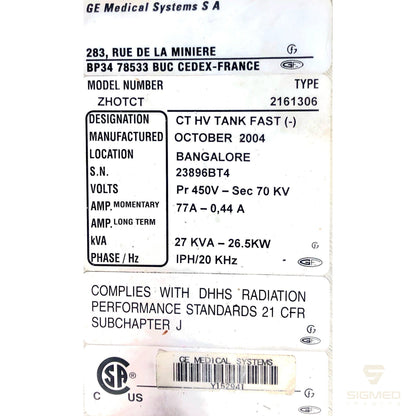 2161306 Cathode High Voltage Tank for GE CT-GE-Sigmed Imaging